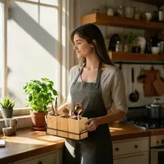 Bamboo Utensil Holder, Wood Cutlery Holder Silverware Caddy with 3 Detachable Compartments & Handles, Flatware Caddy Fork Spoon Knife Organizer