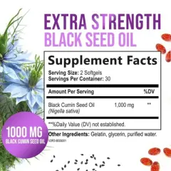 Black Seed Oil Capsules 1000mg, Skin Health & Immune 100% Blackseed Oil, Amazing Extraction Cold Pressed & Pure, 60 Softgels By Nature's Strength