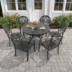 7-Piece Cast Aluminum Outdoor Dining Set with Brown Cushions, Round Table & Stackable Chairs - for Patio, Backyard