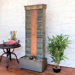 Sunnydaze 48"H Electric Natural Slate with Copper Accents Rippled Column Outdoor Water Fountain with LED Spotlight