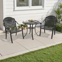 3-Piece Cast Aluminum Outdoor Dining Set: Round Table, Stackable Chairs & Blue Cushions - All-Weather Patio Furniture for Your Backyard