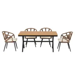 5-Piece Outdoor Dining Set, Rectangular Table with PE Rattan Rope-Woven Chairs & Cushions, Weather-Resistant Patio Furniture - ModernLuxe