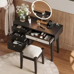 TOBILI 39" Wooden Makeup Vanity Set with Charging Plug USB Port and Stool, Dressing Table with 3 Storage Drawers and 1 Rectangular Rattan Drawer