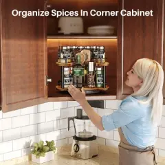 BRINJOY Lazy Susan Organizer Spice Rack - Spice Organization for Cabinet Height Adjustable Rotating Lazy Turntable, Pantry Kitchen Wood (12 Inch)