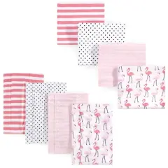 Hudson Baby Infant Girl Cotton Flannel Burp Cloths and Receiving Blankets, 8-Piece, Flamingos, One Size