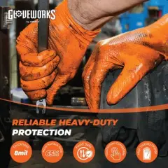 GLOVEWORKS Heavy-Duty Orange Nitrile Gloves with Raised Diamond Texture- Industrial Grade - Great for Auto Repair, Mechanics, Janitorial, Food Service
