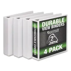 Samsill Durable D-Ring View Binders, 3 Rings, 2" Capacity, 11.5" x 8.5", White, 4/Pack