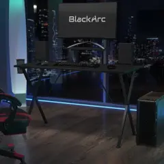 BlackArc Gaming Desk with Laminate Top and Steel Frame - Detachable Cupholder, Headphone Hook & Smartphone/Monitor Stand