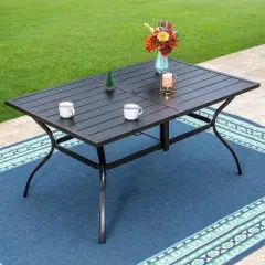 7pc Patio Dining Set, Rectangle Steel Table with Umbrella Hole, Stackable Stripe Pattern Arm Chairs - Black - Captiva Designs