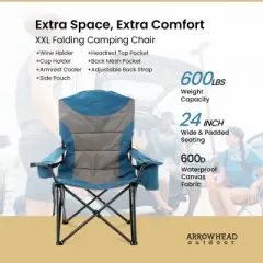 Arrowhead Outdoor XXL Folding Padded Camping Chair w/Cup & Wine Holder, Armrest Cooler, Support up to 600 lbs (Ocean Blue)
