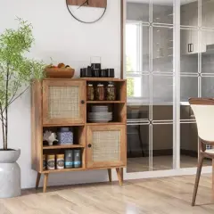 Costway Rattan Buffet Sideboard Accent Storage Cabinet Coffee Bar Cabinet Doors Cubbies