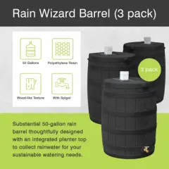 Good Ideas Rain Wizard 50 Gallon Plastic Outdoor Home Rain Barrel Water Storage Collector with Brass Spigot and Flat Back Design, Oak (3 Pack)