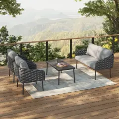 Christopher Knight Home Ebert 4 Pieces Outdoor Modern Rope Weaving Metal Seating Set with Cushion