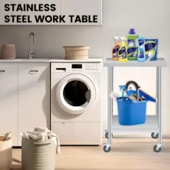 Stainless Steel Table with Wheels - Metal Work Table with Adjustable Undershelf, 2 Tiers Utility Tables Food Prep Worktable Rolling Cart