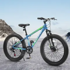 NAYSAYE 24 Inch Fat Tire Mountain Bike with 7 Speed Shifter Dual Disc Brake for Adults and Youth, Blue and Green, 67"*25"*40"