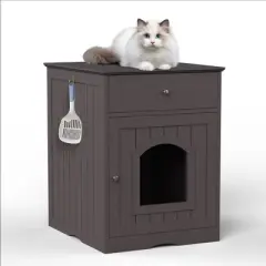 Wooden Pet House Cat Litter Box Enclosure with Drawer, Side Table, Indoor Pet Crate