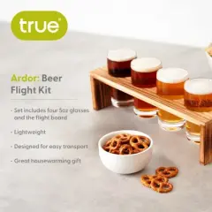 True Beer Flight Set, Four 5 oz Tasting Glasses, Wooden Flight Board, Beer Tasting Set, Beige Finish
