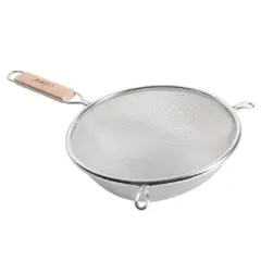 Winco Strainer with Single Fine Mesh and 6" Flat Wooden Handle, 8" Dia