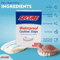 Secure Denture Adhesive Cushion Strips &ndash; Zinc Free &ndash; Waterproof &ndash; Comfortable Fit for Uppers & Lowers &ndash; Extra Firm All-Day-Hold &ndash; Clean Ingredients