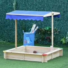 Outsunny Wooden Sandbox w/ Adjustable Canopy, Children Outdoor Playset Weather Resistant 47" L x 47" W x 47" H, Natural & Blue