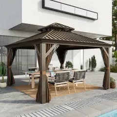 Outsunny Patio Gazebo 12' x 12', Netting & Curtains, 2 Tier Double Vented Steel Roof, Hardtop, Ceiling Hooks, Rust Proof Aluminum, Brown