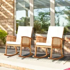 Tangkula 2-Piece Rocking Chair Acacia Wood Rocker w/ Seat & Back Cushions Safe & Comfortable Rocking