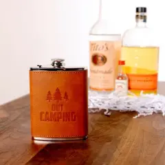 Pavilion Gift Company - Out Camping - PU Leather & Stainless Steel 8 oz Flask - Portable Drinkware