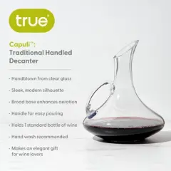 True Handled Wine Decanter, Glass Carafe, Red and White Wine, Wine Aeration, Bar Gadgets, Wine Lover Gifts, Holds 1 Standard Bottle, 52 oz