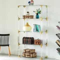 Fabulaxe Acrylic Gold Metal Modern 4 Shelf Etagere Bookcase with Glass Shelves