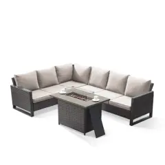 Buenhomino 4 Pieces Outdoor Patio Furniture Set with 41&rdquo; Fire Pit Table, Rattan Patio Sectional Sofa Conversation Set with 50000BTU Propane Fire Pit