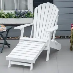 Outsunny Folding Adirondack Chair with Pull Out Ottoman, Outdoor Fir Wood Fire Pit Chair with Footrest, Porch Fanback Lounge for Patio, Garden, White