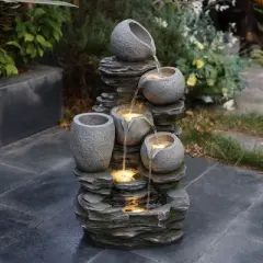 LuxenHome 30" Garden Water Fountain, 4 Tiers Cascading Pots & Rock Cascading Waterfall Fountain Outdoor with LED Lights Gray
