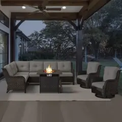 POCASSY 5PCS Outdoor Furniture Set with Fire Pit Table, Outdoor Conversation Set with All Weather Brown Wicker Sectional Sofa and Swivel Chair