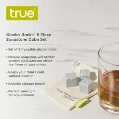 True Glacier Rocks - Whiskey Stones Soapstone Cubes - Cold Rocks for Drinks - Made from Natural Soapstone Ice Cubes 1inch Square Set of 6