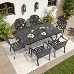 7-Piece Cast Aluminum Outdoor Dining Set with Blue Cushions, Rectangle Table & Stackable Chairs - for Patio, Backyard