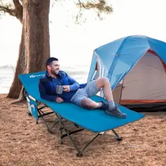 Tangkula Folding Camping Cot for Adults Heavy-duty Sleeping Cot w/3-In-1 Pocket Carry Bag Portable Tent Cot for Travel Blue
