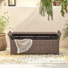 GDFStudio Ridgefield Outdoor Wicker Storage Bench with Handles, Multibrown