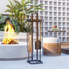 JANSNO 5 Piece Fireplace Tools Set Indoor Outdoor with Brush Broom, Poker, Shovel, Tongs and Stand for Chimney