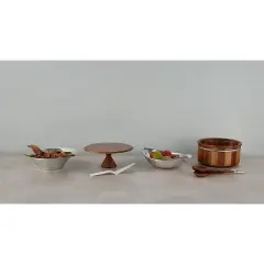Nambe Quatro Cake Plate with Server, Acacia Wood Footed Cake Stand and Porcelain Cake Knife, Dessert Display Stand for Cupcakes, Cookies