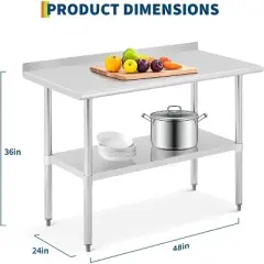 Acekool 24x48 Inch Stainless Steel Prep Table with Backsplash, Adjustable Open Shelf, Easy Clean Surface, Heavy Duty Kitchen Workstation