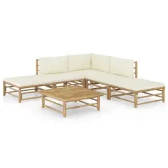 vidaXL 6-Piece Patio Lounge Set, Sturdy Bamboo Construction, Cream-White Cushions, Modular Design, Easy to Clean, Ideal for Outdoor Leisure