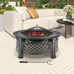 WELLFOR 32" Outdoor Fire Pit with BBQ Grill Poker and Mesh Cover Black