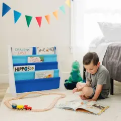 WildKin Vegan Leather Kids' Original Sling Bookshelf White Wood with Light Blue/Dark Blue: 4-Shelf MDF Book Rack, Ages 3-10