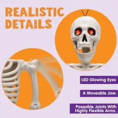 Joyfy 24'' Halloween Skeleton Decorations with LED Glowing Eyes Full Body Posable for Indoor/Outdoor Decor Spooky Scene Party Favors Graveyard Props