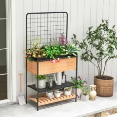 Costway 59" Raised Wooden Garden Bed with Metal Trellis Open Storage Shelves Drain Holes