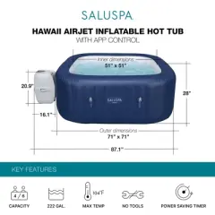 SaluSpa Hawaii Smart AirJet Inflatable Hot Tub Spa with App Control, 140 Jets, Heater, Filter, Portable Hot Tub for 4 Adults, Includes Cover & Pump