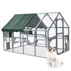 Whizmax Large Outdoor Cat House, Animal Enclosure with 2 Lockable Cat Doors and a Walk In Door, Large Catio with Half Waterproof Cover & Resting Boxes