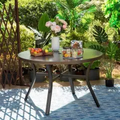 Captiva Designs 5pc Patio Dining Set Steel Frame Table with Umbrella Hole & Gray Textilene Chairs with Wood-like Armrests