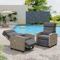 Outdoor Recliner Chair, Adjustable Patio Lounge w/ Footrest & Flip-Up Table, 150&deg; Lay Flat, No Pump Needed, Light Grey