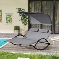 Tangkula Outdoor Double Chaise Rocker Rocking Daybed Sun Lounger w/ Sun Shade Canopy